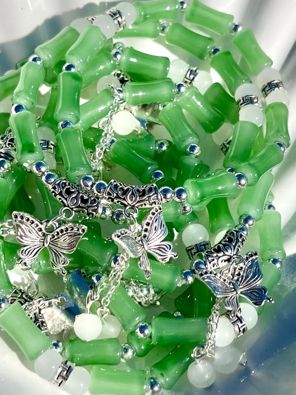 Green Bamboo Glass Beaded Bracelet with Silver Butterfly Charm NWOT